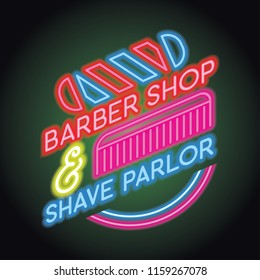 barber shop logo with with neon light effect, vector illustration