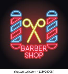 barber shop logo with with neon light effect, vector illustration