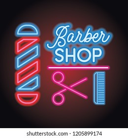 barber shop logo with with neon light effect, vector illustration