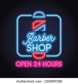 barber shop logo with with neon light effect, vector illustration