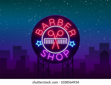 Barber shop logo neon sign, logo design elements. Can be used as a header or template for logos, labels, cards. Neon Signboard, Bright Lighting Advertising Hairdressing. illustration. Billboard