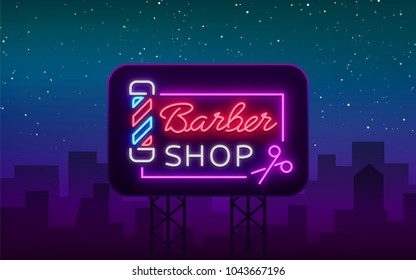 Barber shop logo neon sign, logo design elements. Can be used as a header or template for logos, labels cards. Neon Signboard, Bright Lighting Advertising Hairdressing. Vector illustration. Billboard