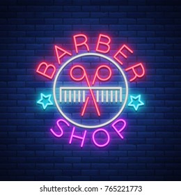 Barber shop logo neon sign, logo design elements. Can be used as a header or template for logos, labels, cards. Neon Signboard, Bright Lighting Advertising Hairdressing. Vector illustration.