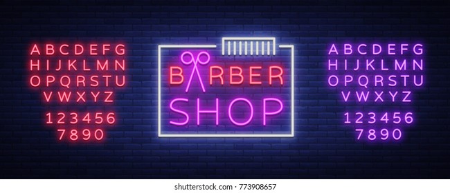 Barber shop logo neon sign, logo design elements. Can be used as a header or template for logos, labels, cards. Neon Signboard, Bright Lighting. Vector illustration. Editing text neon sign