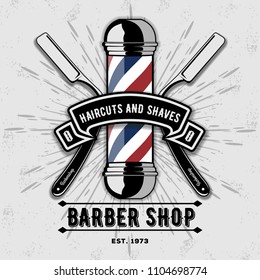 Barber Shop Logo with barber pole in vintage style. Vector template