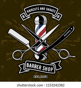 Barber Shop Logo with barber pole in vintage style. Vector template