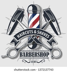 Barber Shop Logo with barber pole in vintage style. Vector template