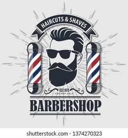 Barber Shop Logo with barber pole in vintage style. Vector template