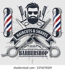 Barber Shop Logo with barber pole in vintage style. Vector template