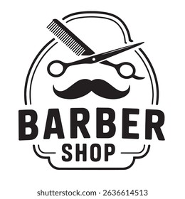 Barber Shop Logo with Scissors, Comb, and Mustache - Vintage Style Design