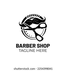 Barber shop logo with scissors and mustache. vector logo template and barber shop logo concept