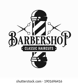 Barber shop logo with barber scissors and pole on white background