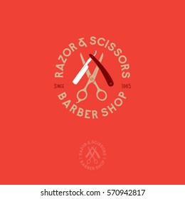 Barber shop logo.
Scissors and a razor with letters as an emblem.
