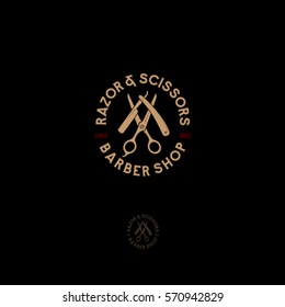 Barber Shop Logo.
Scissors And A Razor With Letters As An Emblem.