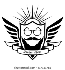 Barber Shop logo store glasses, moustache, beard, in the heraldic shield, with calligraphic inscription Barber Shop, in vector for design or print