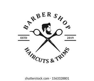 Barber shop logo template. Handsome man with beard and mustache. Scissors. Barber shop symbol.