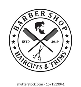 Barber shop logo template. Handsome man with beard and mustache. Scissors. Barber shop symbol.