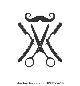 Barber shop logo template. Moustache and barber tools graphic sign isolated on white background. Barbershop emblem template. Vector illustration