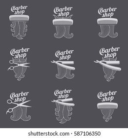 Barber shop logo templates. Hair, beard, razor, scissors, comb. Vintage style wine badges and labels. Black and white logo templates for your design. Vector illustration isolated on color background.