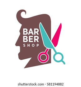 Barber shop logo or vector icon of man head and scissors for barbershop salon, premium hairdresser coiffeur or hipster trend haircutter