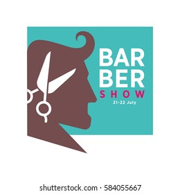 Logo de la peluquería o ícono vector de la cabeza del hombre y tijeras para la peluquería de barbería, el peinador de primera o el peluquero de tendencia hipster