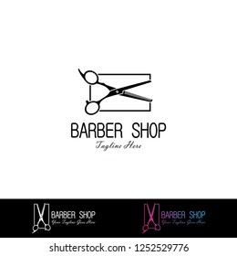 Barber shop logo vector. Razor scissors silhouette