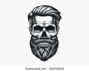 Barber Shop logo, Vintage Bearded Barber Skull With Stylish Hairstyle, Vector illustration.
