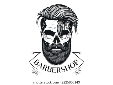 Barber Shop logo, Vintage Bearded Barber Skull With Stylish Hairstyle, Vector illustration