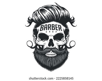 Barber Shop logo, Vintage Bearded Barber Skull With Stylish Hairstyle, Vector illustration