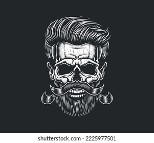 Barber Shop logo, Vintage Bearded Barber Skull With Stylish Hairstyle, Vector illustration