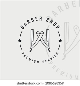 barber shop logo vintage minimalist vector illustration template icon graphic design. razor line art simple retro style with typography