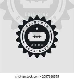 barber shop logo vintage vector illustration template icon graphic design. salon haircut razor minimalist symbol retro badge typography