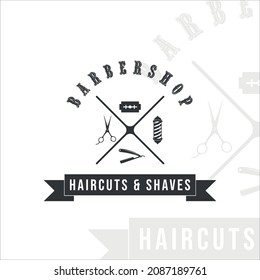 barber shop logo vintage vector illustration template icon graphic design. equipment salon scissors razor retro typography