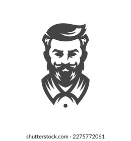 Barber shop male beauty salon hipster old fashioned grooming coiffure vintage icon vector illustration. Barbershop man portrait mustache beard hairdressing hairstyle hairdo monochrome black logo