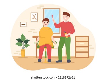 Barber Shop for Male or Female Clients Haircut with Mirrors, Desk and Hair Cutting Equipment in Flat Cartoon Hand Drawn Templates Illustration
