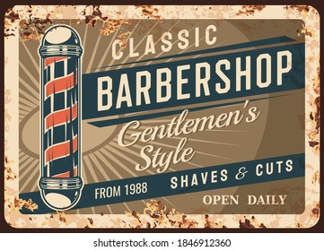 Barber Shop Metal Plate Or Rusty Poster Signage, Vector Retro. Barbershop Salon Sign Advertising Of Man Shaving And Haircut, Mustache And Beard Trim, Vintage Poster Or Sign Plate With Rust
