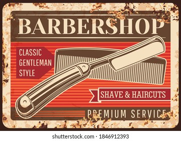 Barber shop metal plate rusty, barbershop vector retro poster with razor. Gentleman or hipster barber shop salon, haircut, mustache and beard shaving, vintage poster or sign plate with rust