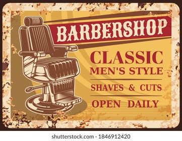 Placa de oxicería metálica de barbería, afiche retro vectorial de barbería o cartel. Cortadora de peluquería de hipster y peluquería, bigote y salón de afeitado de barbas, señalización o plato con óxido