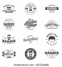 Barber shop monochrome badges set. Retro style. Templates featuring with hipster popular symbols, professional equipment, design elements. Isolated. Vector.