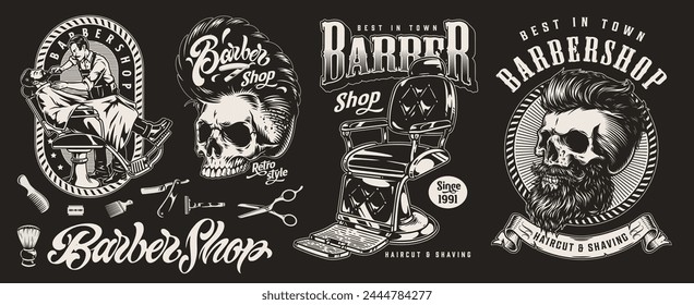 Barber shop monochrome set logotypes with hairdressing salon client and skull near ribbon with words haircut and shaving vector illustration