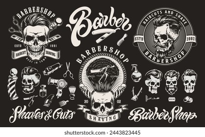 Barber shop monochrome set stickers with heads for dead near clients for professional hairdresser from men salon vector illustration