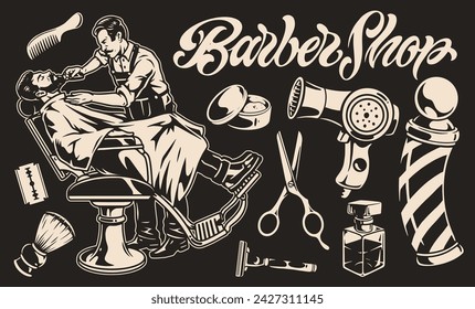 Pegatina vintage monocromática de barbería con accesorios para cortar el cabello de peluquero cerca del especialista en afeitado que visita la barbería ilustración vectorial