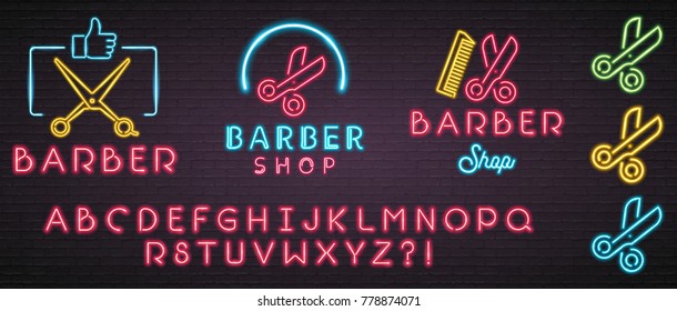 Barber Shop Neon Light Glowing Graphic Illustration Scissors and Hair Brush Symbol Sign Different Colours Design. Editing Easy Alphabet Red Neon Light Colour