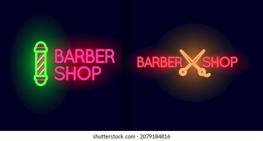 Barber Shop Neon light sign set. Barber Pole and Scissors.