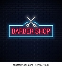 barber shop neon sign with barber scissors neon banner on wall background