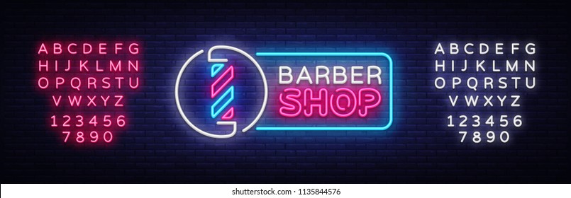 Barber Shop neon sign vector. Barber Shop Design template neon sign, light banner, neon signboard, nightly bright advertising, light inscription. Vector illustration. Editing text neon sign