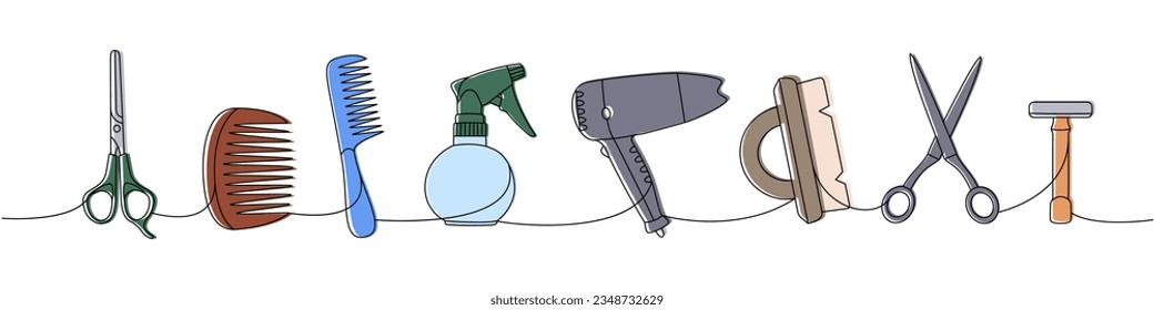 Barber shop one line colored continuous drawing. Hairdresser spray bottle, scissors, comb, dryer, shaving razor continuous one line illustration