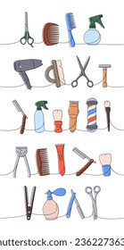 Barber shop one line colored continuous drawing. Makeup brush, hair clipper, comb, straightener, scissors, hair dryer continuous one line illustration