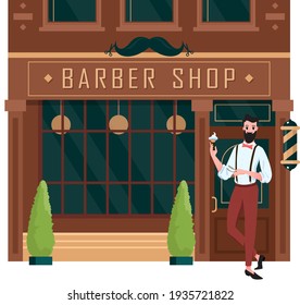 Barber shop open, street building brown facade of retro barbershop with man barber