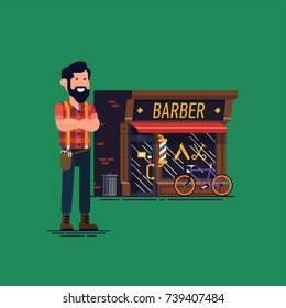 Barber Shop Owner Vector Flat Character Design. Confident Local Small Business Owner And Professional Barber Standing In Front Of His Shop